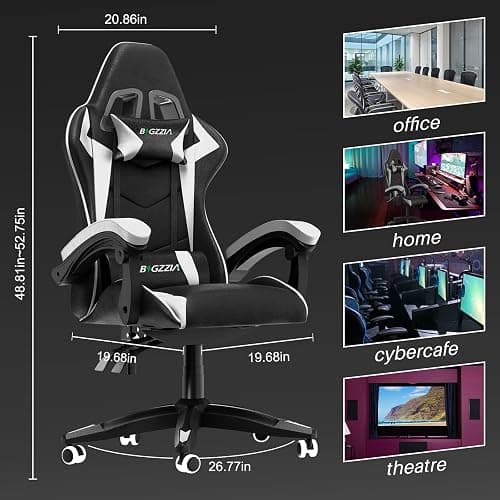 bigzzia Ergonomic Gaming Chair - Gamer Chairs with Lumbar Cushion + Headrest, Height-Adjustable Office & Computer Chair for Adults (without footrest, White) thumbnail 3