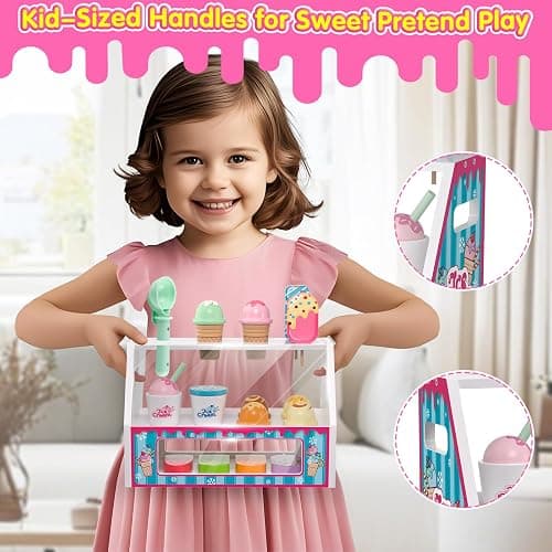 Ice Cream Toys, Wooden Ice Cream Play Set, Pretend Play Toys, 46 Pcs Wooden Play Kitchen Accessories with Menu & Scoop & Menu & Fake Money, Ice Cream Toys for Toddlers 3 4 5 6 Girls Boys Birthday thumbnail 6