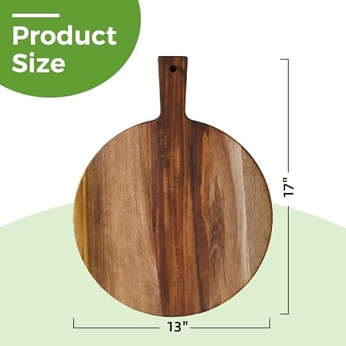 S310 Acacia Wood Round Cutting Board with Handle, Wooden Chopping Board for Meat, Cheese, Bread & Vegetables, Decorative Charcuterie Serving Board for Kitchen Cooking, Pizza & Party Dining, 17"x13" thumbnail 3