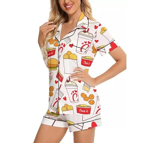 Gifteebox Chicken Nuggets Satin Pajamas Set for Women Y2k 2 Piece Short Sleeve Shirts Matching Pj Shorts Set Multi - Image 1