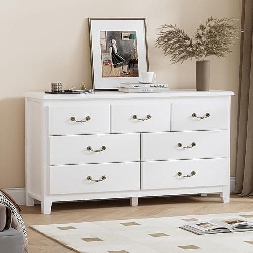 HOUROM Farmhouse 7 Drawer Dresser for Bedroom, Chest of Drawers with Antique Handles, Modern Wooden Dressers, Vintage Rustic Dresser Storage Organizer for Bedroom, White - White - 7 Drawer thumbnail 6