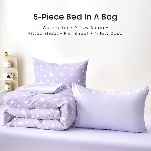 Wake In Cloud - Star Bedding Set for Boys Girls, Cute Stars Polka Dot, Soft Lightweight Comforter Set with Sheets, 5 Pieces Kids Bed in a Bag, Light Purple, Twin Size thumbnail 7