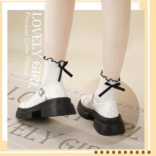 ZhouBoat 6 Pairs Womens Bow Socks Ruffle Casual Crew Socks Cute Black White Soft Breathable Cotton Frilly Ankle Socks thumbnail 4