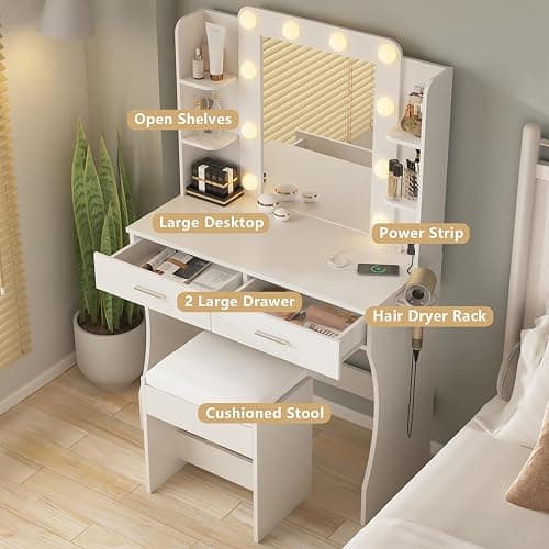 Vabches Vanity Desk with Lights,Makeup Vanity with Power Strip,Dressing Table Set with 2 Large Drawers,Vanity Mirror 3 Lighting Color Adjustable,White thumbnail 6