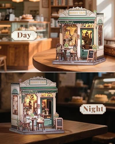 CUTEBEE Book Nook Kit - DIY Miniature House Dollhouse Kit for Adult and Teens, Booknook Bookshelf Decor Alley Model Build with LED Light, Gifts for Family and Friends (Sunny Cafe) thumbnail 8