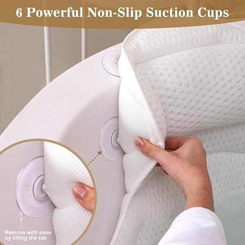 Bath Pillow Luxury Bathtub Pillow, Extra Soft & Comfortable Bath Pillows for Tub Head Neck and Back Support, with 4D Air Mesh Cushions & Non-Slip Suction Cups - Bath Accessories Spa Gifts for Women thumbnail 4