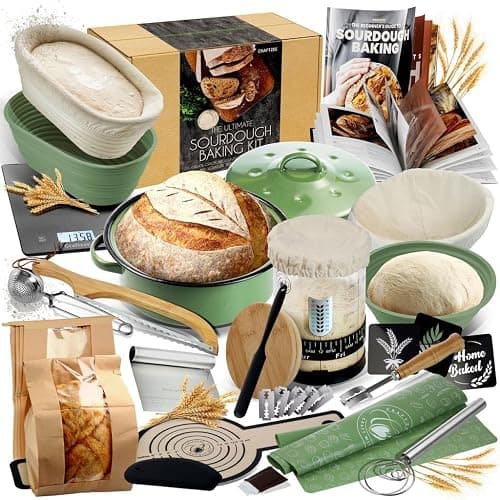 All-Inclusive 𝗣𝗥𝗘𝗠𝗜𝗨𝗠 Sourdough Starter Kit with Pot, 34 Oz Starter Jar, 4 Banneton Bread Proofing Baskets, Scraper, Scale, Sourdough Bread Baking Supplies, Detailed Beginner Guide & Recipes - Image 1