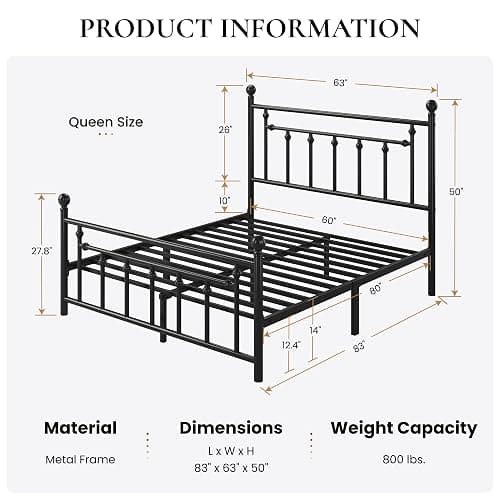 SHA CERLIN 14'' Queen Size Metal Platform Bed Frame/Victorian Headboard and Footboard/Steel Slats Mattress Foundation for Storage/No Box Spring Needed/Noise Free/Black thumbnail 2