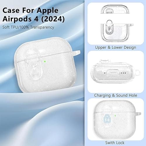 AZGYIAI (with Safety Lock) Clear Case Compatible with Apple AirPods 4 Cases 2024, Soft TPU Transparent for AirPods 4th Generation Cases with Cute Cherry Keychain for Women Grils (Glitter Clear) thumbnail 2