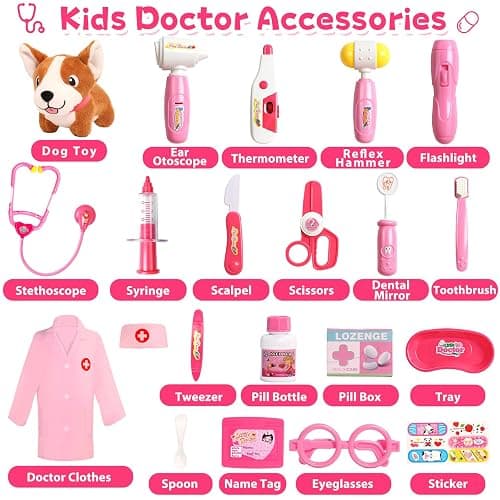 Doctor Kit for Toddlers 3-5 Dress Up for 2+ Year Olds Girls Pretend Veterinarian Toddler Doctor Play Set with Stethoscope Pink Costume Dog Toy Christmas Birthday Gifts for 2 3 4 5 6 Year Old Girls thumbnail 7
