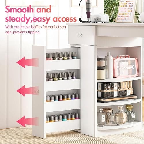 Manicure Table for Nail Tech with Glass Top, Visible Drawers & Trash Bag Holder, Acetone-Resistant Manicure Nail Desk, Beauty Salon Workstation with Wrist Rest & Electric Dust Collector (White) thumbnail 4