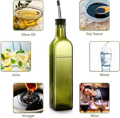 Leaflai 2 Pcs Green Glass Olive Oil Dispenser and Vinegar Dispenser Set with 2 Stainless Steel Pourers, 4 Labels, 1 Brush, 1 Funnel (500ml) for Kitchen, Cooking, Salad Dressing, Barbecue, Mixing thumbnail 6
