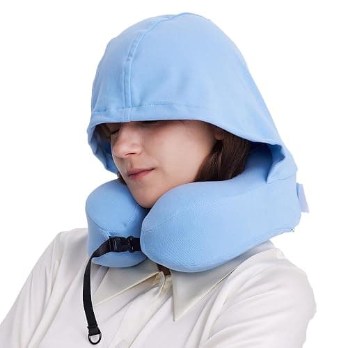 ALLINCOZY Travel Pillow with Hood for Airplane, 100% Pure Memory Foam Hooded Neck Pillow for Traveling, Car, Office, Soft, Machine Washable, Easy Storage, Blue - Blue - Image 1