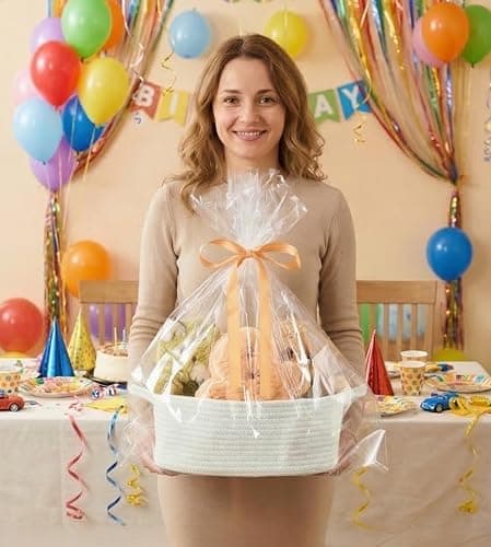 KODOMOORE Gift Basket Empty, Small Baby Shower Basket for Gifts, White | Gift Bag & Ribbon Included | 12x8x5 in | Woven Cotton Rope | Sturdy Handles | Cute Basket for Baby Boy Girl thumbnail 2