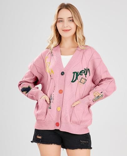 Women's Cable Knit Long Sleeve Open Front Cardigan Sheep V-Neck Button Down Embroidery Wool Blend Sweater Coat Outwear thumbnail 2