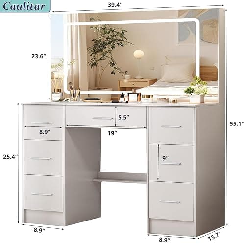 Caulitar 55.1" H White Big LED Vanity Desk with Mirror and Lights,Premium 7 Drawers & Wider Desktop Big Makeup Vanity for Girsl Teens Adults Bedroom thumbnail 2