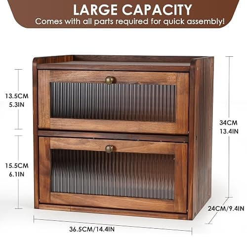 Sunhoo Bread Box for Kitchen Countertop Wooden Bread Storage Container Bin 2 Layer Breadbox Holder Large Capacity Keeper Vintage Farmhouse Food Organizer Pantry Shelf Acrylic Window (Brown) thumbnail 3