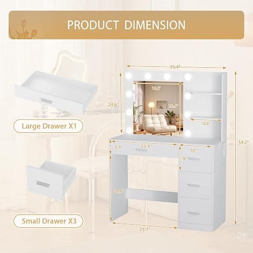 Furmax Vanity Desk with LED Lighted Mirror&Power Outlet, Makeup Vanity Table with 4 Drawers, 3 Open Storage Shelves, and 3 Color Modes, for Bedroom (Pure White) thumbnail 3