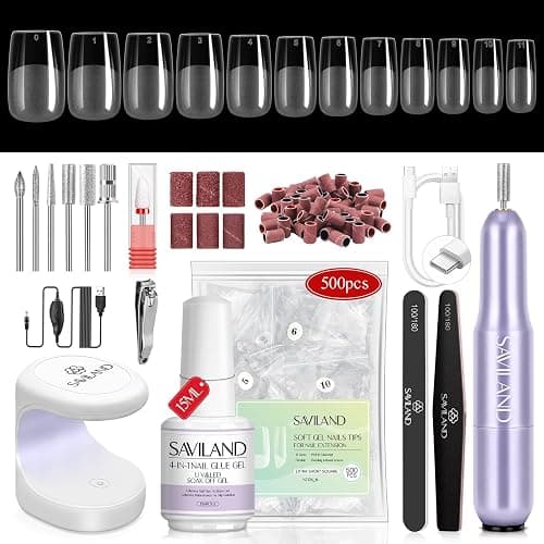 SAVILAND Gel Nail X Kit Short Square - Nail Drill Kit 500 PCS Natural False Nail Tips For Press On U V Nail Glue with Lamp Manicure Tools for Nail Extension Nail Art For Women At Home Nail Kit DIY - Image 1