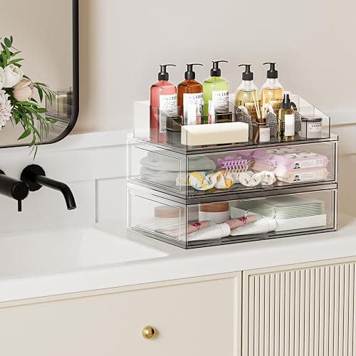 Clear Stackable Makeup Organizer with Drawer, 12''W Acrylic Storage Drawers, Cosmetic Display Case for Vanity Bathroom Countertop, Beauty Holder for Lipstick Brush Skincare Perfume thumbnail 6