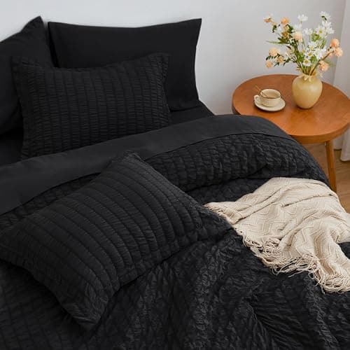 Love's cabin Seersucker Black Queen Comforter Set 7 Pieces, All Season Lightweight Bedding Set, Queen Bed in a Bag Comforter Set with Comforter, Flat Sheet, Fitted Sheet, Pillowcase and Pillow Sham thumbnail 4