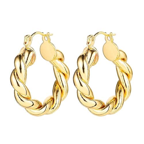 6 Pairs 14K Gold Plated Hoop Earrings for Women Lightweight Chunky Hoop Earrings Multipack Hypoallergenic, Thick Open Twisted Huggie Hoops Earring Set Jewelry for Gifts. thumbnail 9