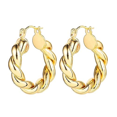 6 Pairs 14K Gold Plated Hoop Earrings for Women Lightweight Chunky Hoop Earrings Multipack Hypoallergenic, Thick Open Twisted Huggie Hoops Earring Set Jewelry for Gifts. thumbnail 10