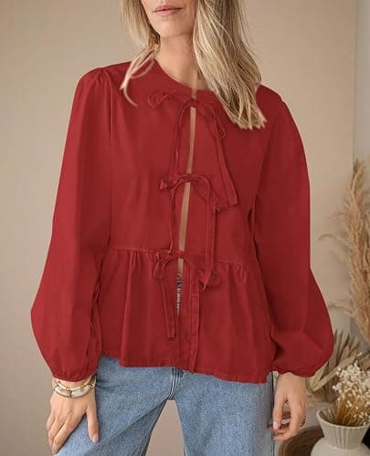 PRETTYGARDEN Women's Spring Fall Babydoll Peplum Blouse Shirt Puff Long Sleeve Bow Tie Front Trendy Cute Y2K Going Out Tops thumbnail 7