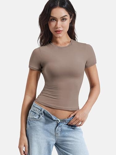 YEOREO Women Fitted Workout Tops Short Sleeve Double Lined Basic Y2K Going Out Crew Neck Compression Crop Top thumbnail 5