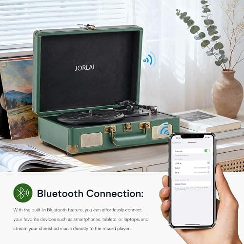 Record Player Portable with Bluetooth Connection USB Playback and Built in Rechargeable Battery 3 Speed Turntable Suitcase Design Vinyl Player with Built in Speakers for Home or Travel thumbnail 3
