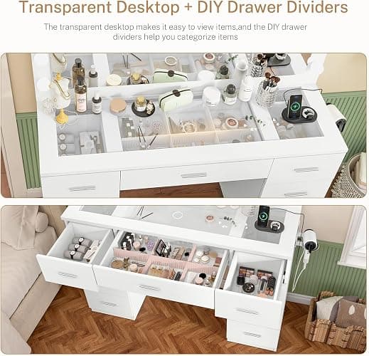 FIONESO Vanity Desk with Glass Top & Lights Mirror, 3 Adjustable Lighting Color, Makeup Vanity with 9 Drawers and 12 LED Lights, Dressing Table for Bedroom, Vanity for Girls, White thumbnail 5
