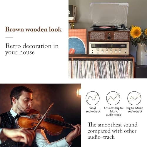 Udreamer Vinyl Player Record Player with Built-in Speakers, Bluetooth Turntable Belt-Driven, Vintage Phonograph with 3 Speeds for Musical Enjoyment and Home Decoration (coffee) - Coffee thumbnail 5
