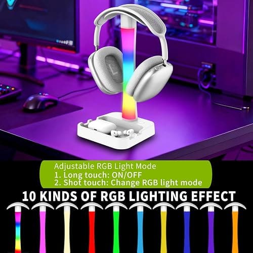 Tascaquin Headphone Stand with Charger,Gaming Headset stand with RGB Light Mode,For Airpod Max Stand,Desk Lamp,Phone Holder,Tablet Holder,desktop organizer,Gifts for Gamers & Music Lover (White) thumbnail 3