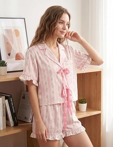 Womens Cute Bow Tie Front Pajamas Y2k Satin Floral Coquette Ruffle Pjs | Silk Puff Sleeve Short Lounge Pj Sets thumbnail 4