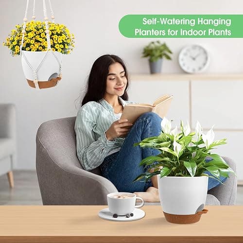 Vanslogreen Hanging Planters for Indoor Outdoor Plants, 2 Pack Self Watering Hanging Pots, Hanging Plant Baskets with Drainage Holes & 2 Types of Plant Hangers (White, 6'') thumbnail 6