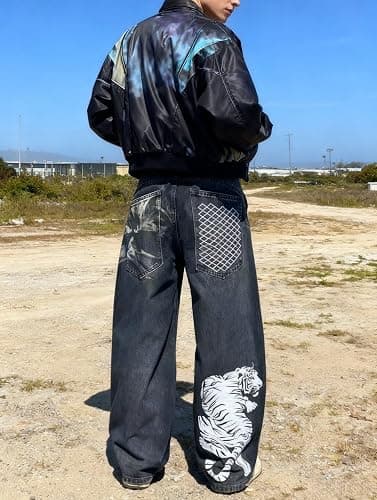 Unisex Y2K Hip Hop Baggy Wide Leg Jeans Skeleton Tiger Dragon Print Vintage | Vintage Y2K baggy jeans with skeleton, tiger or dragon prints, featuring a relaxed wide leg fit for everyday hip hop style. thumbnail 6
