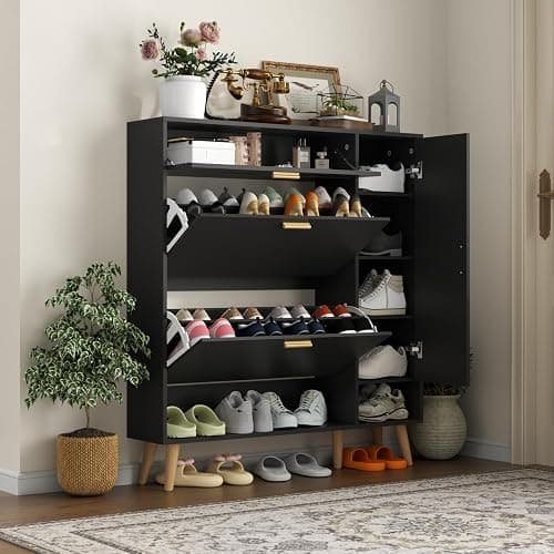 Gyfimoie Shoe Cabinet Storage for Entryway, Slim Shoe Organizer Cabinet 2 Flip Drawer, Narrow Hidden Shoe Storage Side Door Cabinte (Black) thumbnail 7