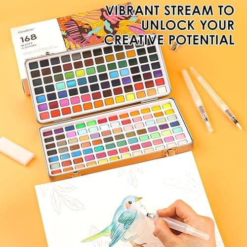 Grabie Watercolor Paint Set, Watercolor Paints, 168 Colors, Painting Set with Coloring Book, Water Brushes and Drawing Pencil, Art Supplies, Perfect Starter Kit for Watercolor Painting thumbnail 6