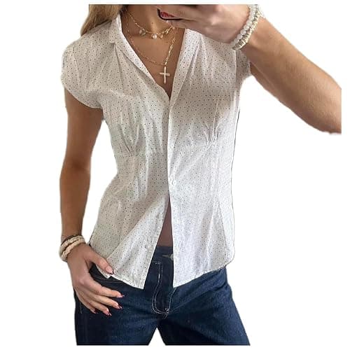 Women Y2k Short Sleeve Button Up Shirt V Neck Collared Plaid Preppy Tops Slim Fit Vintage Coquette Blouse - Image 1