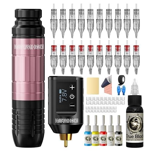 Wormhole Tattoo Gun Kit, Wireless Tattoo Machine Kit Complete Tattoo Practice Kit Rechargeable Cordless Tattoo Power Supply Portable 1500mAh with LED Digital Display for Tattooist WTK260 - Image 1