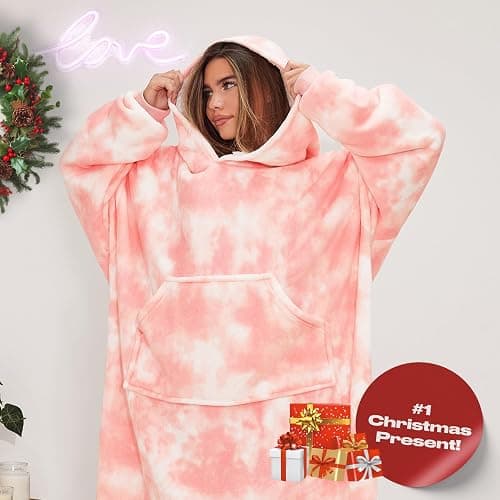 Dreamscene Extra-Long Tie Dye Blanket Hoodie, Mothers Day Gifts Soft Sherpa Fleece Warm Cosy Oversized Hoodie Women Wearable Blanket Hooded Snoodie for Adult Teens Men Big Jumper, Blush Pink thumbnail 3