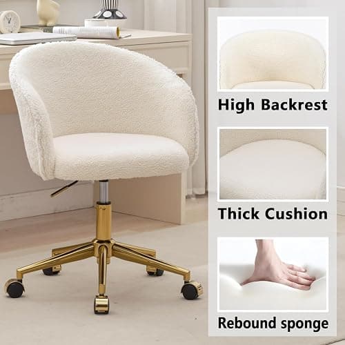 Nahenduo Cute Vanity Chair with Back, Teddy Velvet Desk Chair with Wheels and Gold Legs, Modern Makeup Chairs for Vanity Bedroom Office, Adjustable High 360 Swivel (Teddy White) thumbnail 5