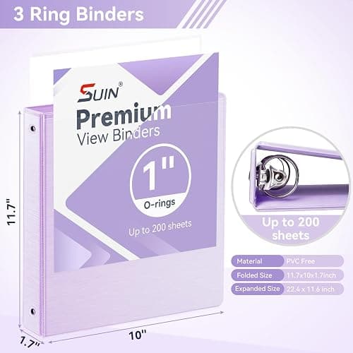 SUIN 1 Inch 3 Ring Binder, Clear 1'' View Presentation Binders with 2 Pockets, Fits 8.5 x 11 Letter Size, Durable Polypropylene, Non-Stick & PVC-Free for School, Office & Home (Brushed Lavender) thumbnail 2