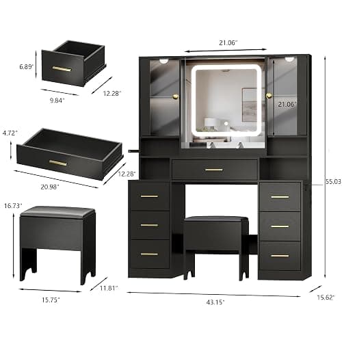 BORNOON Makeup Vanity with LED Light Strip Mirror and Chair, 7 Drawers & 2 RGB Cabinets Black Vanity Makeup Desk with Power Strip, Adjustable LED Lighting, and Cushioned Stool for Women, Girls, Teens thumbnail 2
