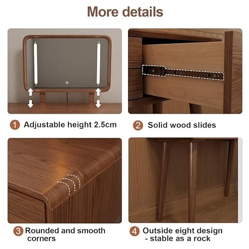 KungFuWood Solid Wood Vanity Desk with Mirror and 3 Lighting Modes,Makeup Vanity Adjustable Height with 3 Drawers,Easy Assemble Vanity Table,Dressing Table for Bedroom and Living Room thumbnail 3