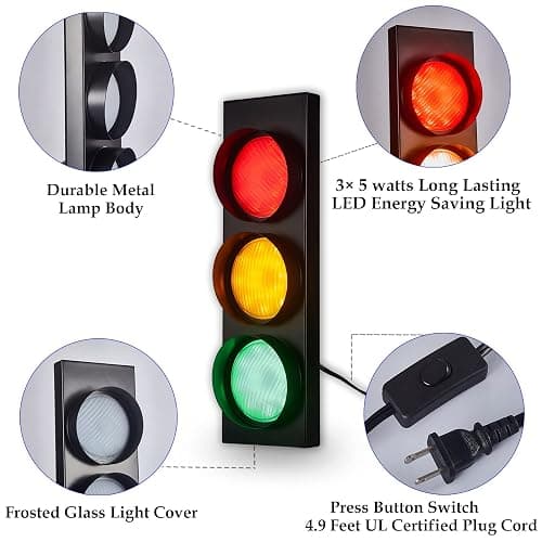 PANLAVIE Traffic Light Wall Lamp Remote Control Retro Kids Bedroom Stop Light, Plug in Industrial LED Wall Sconce, 18.5’’ Vintage Fun Signal Lights for Home Office Bar Garage Car Room Decor Christmas thumbnail 2