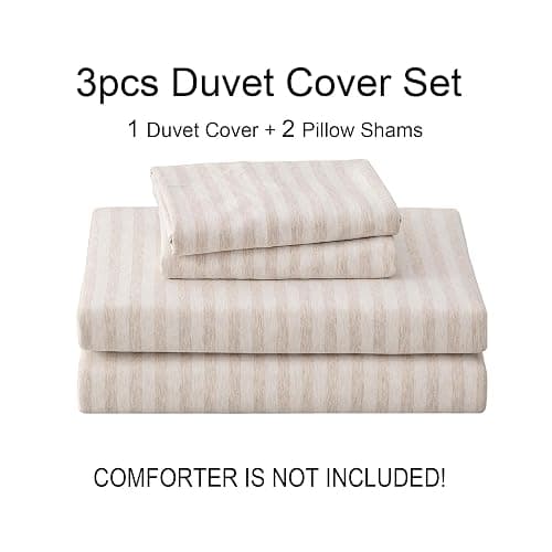 PURE ERA Jersey Knit Duvet Cover Set 100% T-Shirt Heather Cotton Super Soft Comfy Classic Striped Design, with Zipper Closure, Heather Beige Stripe, Queen thumbnail 7