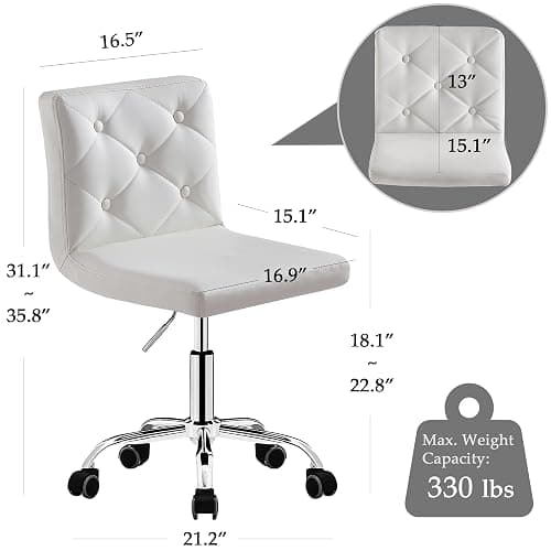 VECELO PU Leather Mid-Back Armless Vanity Chair Adjustable Height 360° Rolling Swivel for Home Office Work, White thumbnail 3