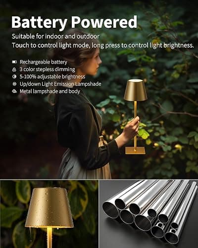 KDG 2 Pack Cordless Table Lamp, Portable LED Desk Lamps, 5000mAh Battery Operated, 3 Color Stepless Dimming Up, for Restaurant, Bedroom, Outdoor Camping, Coffee Shop, Night Light, Rechargeable (Gold) thumbnail 4