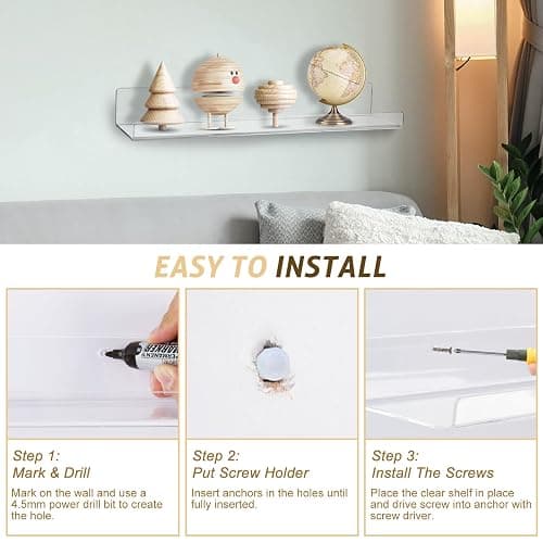 Estantes flotantes transparentes montados en la pared, juego de 4, estantes acrílicos de 38 cm para almacenamiento en la pared, estantería para niños, estantes colgantes de acrílico para dormitorio thumbnail 7